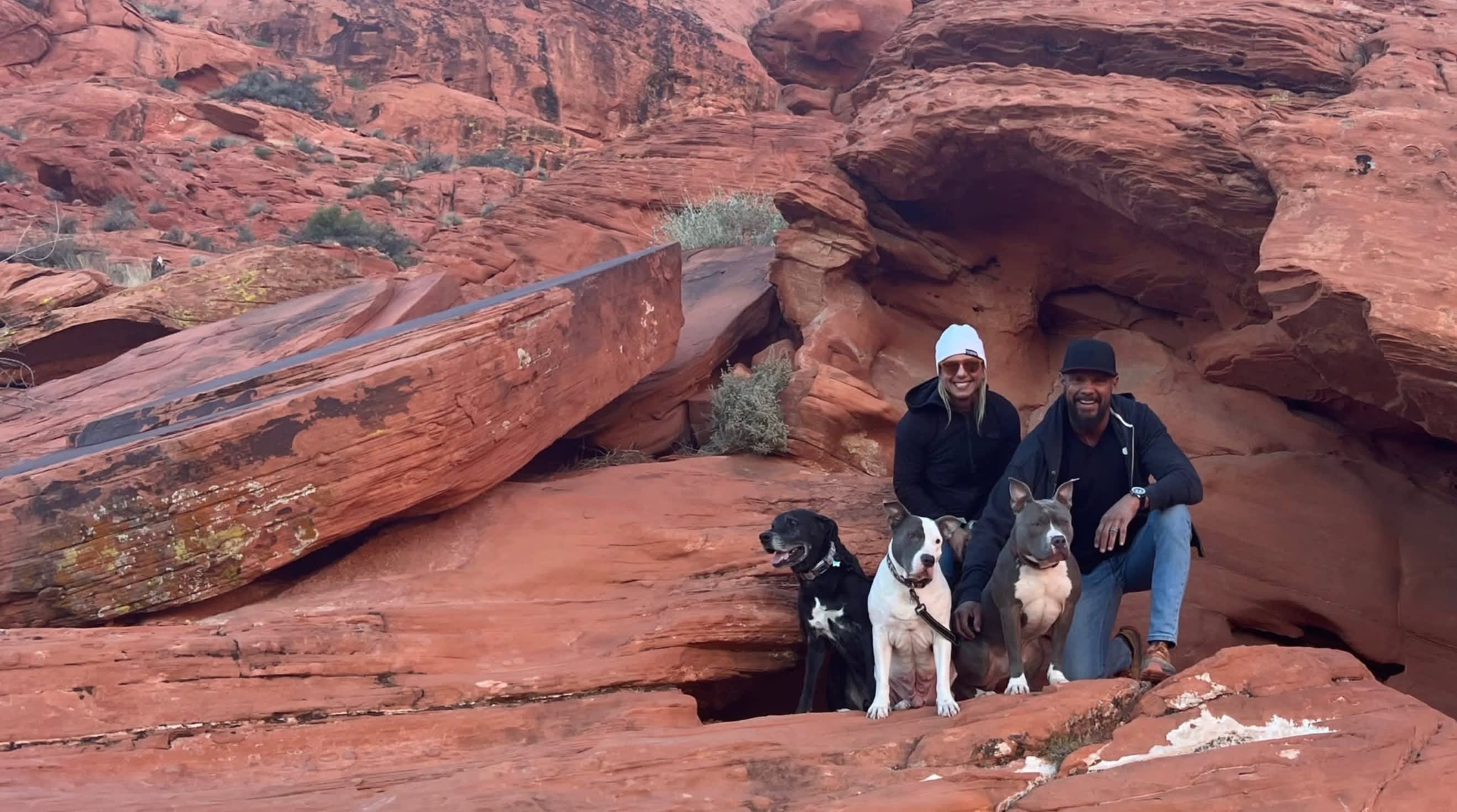 Vic Newman, his wife Kara, and their rescue dogs in southern Nevada