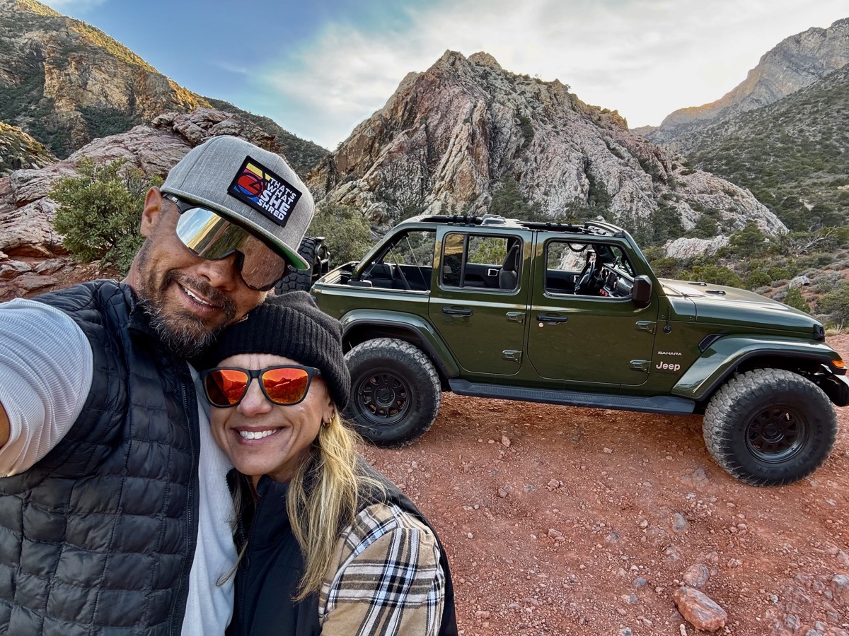 Vic and Kara Newman with their Jeep at Red Rock Canyon near Las Vegas